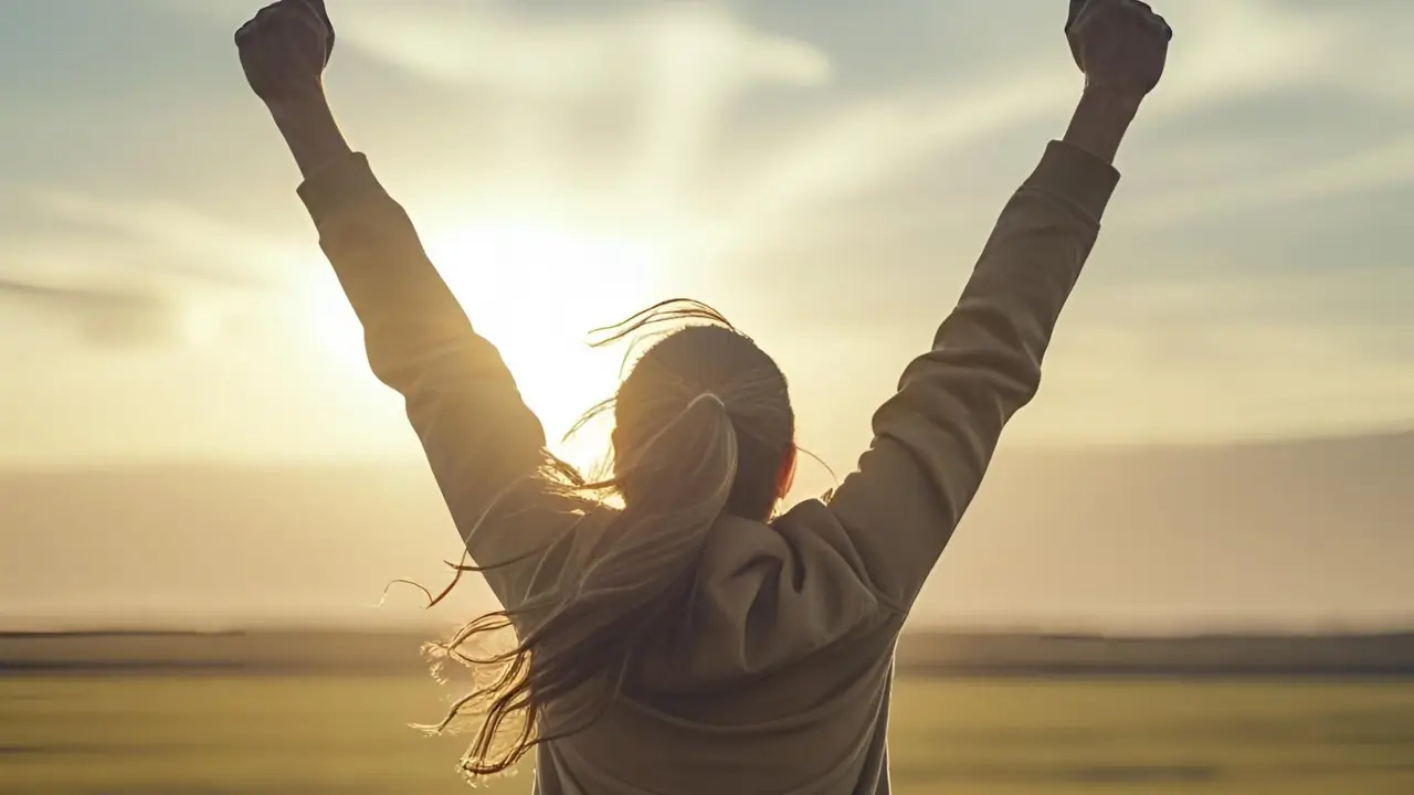 Imagem do devocional. Pessoa sorrindo com os braços erguidos ao céu durante o nascer do sol.