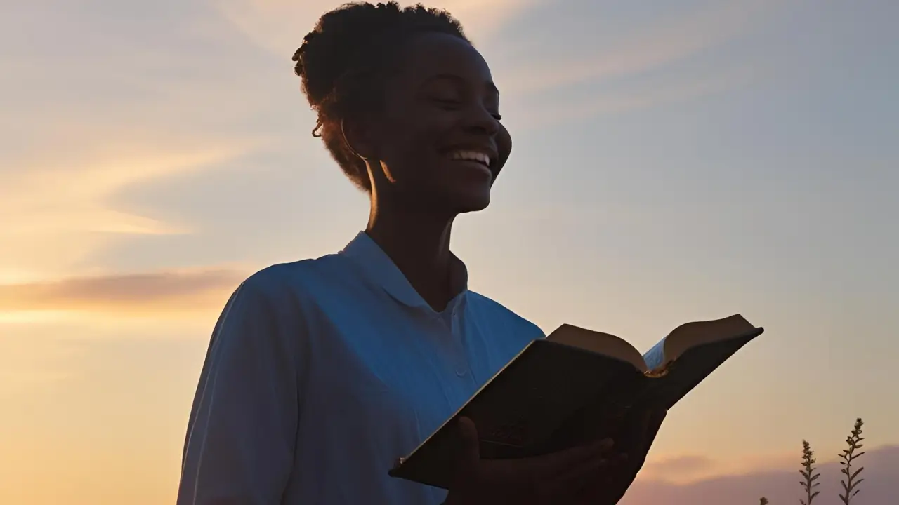Imagem de uma pessoa sorrindo com a Bíblia aberta ao nascer do sol. Imagem do Devocional .