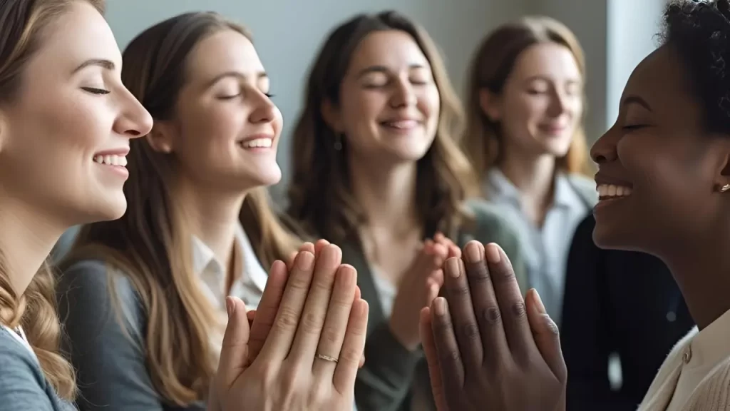Cristãos sorrindo em comunhão, expressando a alegria inabalável que vem da presença de Deus.