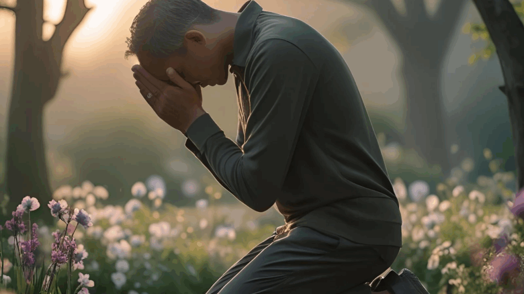Pessoa orando em um momento de superação, representando alegria e fé em meio à dor.