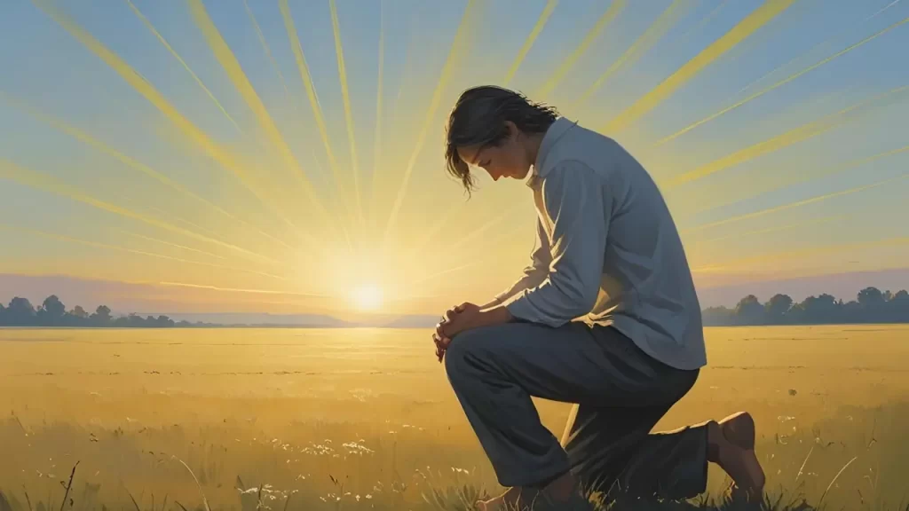 Pessoa orando em um campo ao amanhecer, do, transmitindo esperança e paz espiritual. Imagem do Devocional de hoje.