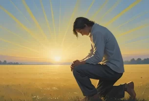 Pessoa orando em um campo ao amanhecer, do, transmitindo esperança e paz espiritual. Imagem do Devocional de hoje.