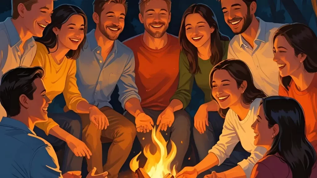 Grupo de pessoas sorrindo e compartilhando momentos de comunhão, representando comunidade e apoio mútuo.