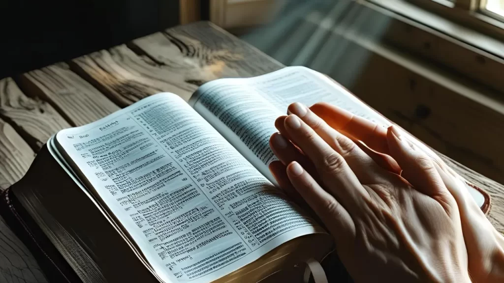 Oração e leitura bíblica como forma de cuidar da saúde emocional e encontrar paz.