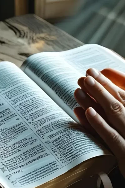 Oração e leitura bíblica como forma de cuidar da saúde emocional e encontrar paz.