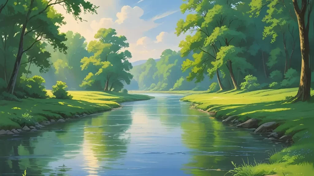 Paisagem tranquila com luz do sol filtrando entre as árvores, transmitindo paz e renovação espiritual.