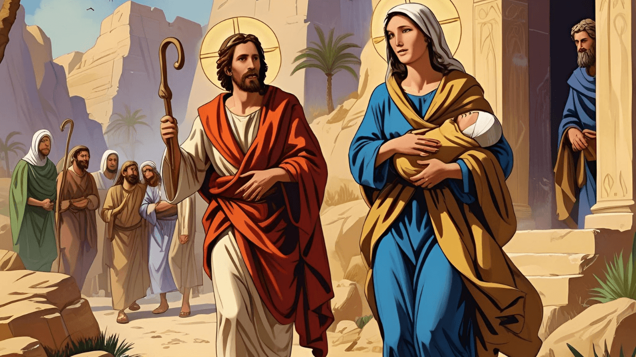 Imagem simbólica de Maria, José e Jesus fugindo para o Egito 