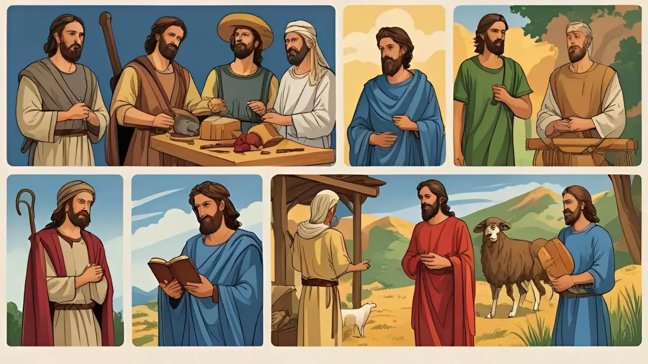 Imagem ilustrativa geral — Uma arte ou ilustração representando várias profissões da bíblia (ex: um artesão, um escudeiro, um pastor)