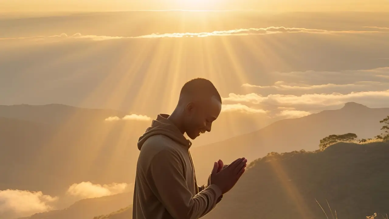 Imagem do Devocional Uma imagem inspiradora relacionada à alegria e fé, como alguém orando ao nascer do sol.