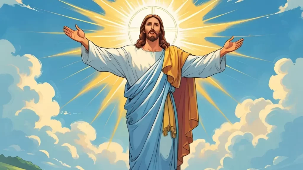 Ilustração de Jesus Cristo com luz irradiando, simbolizando a fonte da verdadeira alegria.