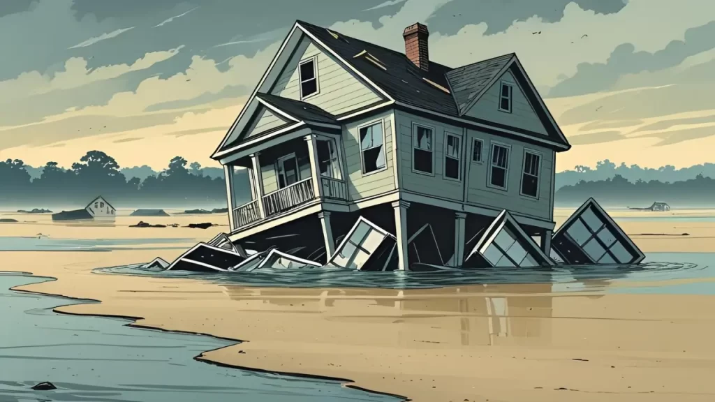 Casa construída na areia sendo destruída por uma tempestade, representando vida sem base em Deus.