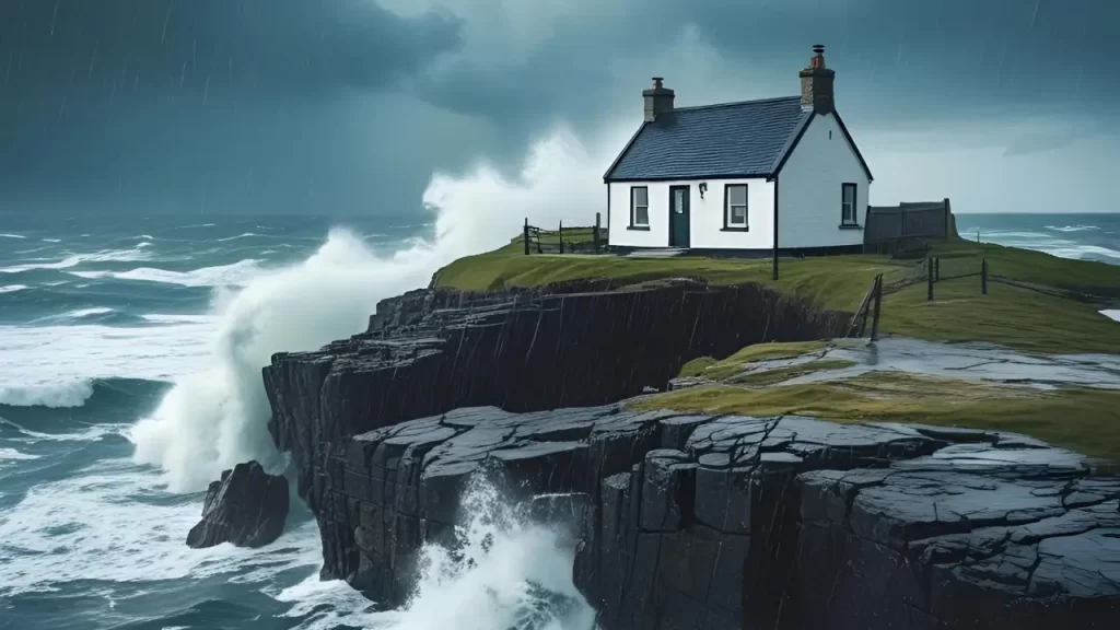 Uma casa firme sobre uma rocha em meio a uma tempestade.