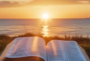 Nascer do sol simbolizando esperança e novo começo com Bíblia aberta destacando a palavra ‘graça’. Imagem do Devocional de hoje.