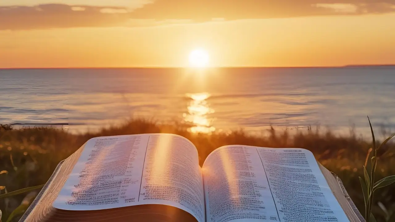 Nascer do sol simbolizando esperança e novo começo com Bíblia aberta destacando a palavra ‘graça’. Imagem do Devocional de hoje.