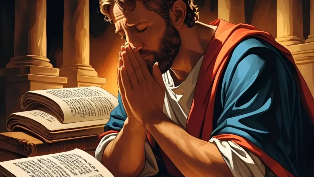 Ilustração do apóstolo Paulo em oração, refletindo sobre a mensagem da graça de Deus na Bíblia em  2 Coríntios 12:9.