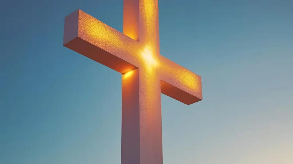 Cruz iluminada com céu claro ao fundo, simbolizando esperança e a suficiência da graça de Cristo.