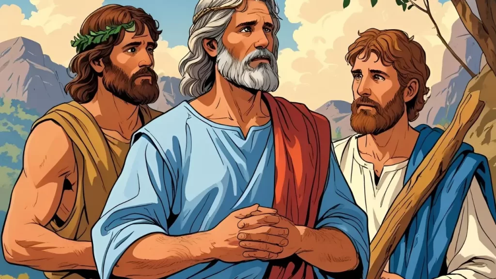 Ilustrações dos personagens bíblicos Moisés, Gideão e Pedro, exemplos de pessoas sustentadas pela graça de Deus.