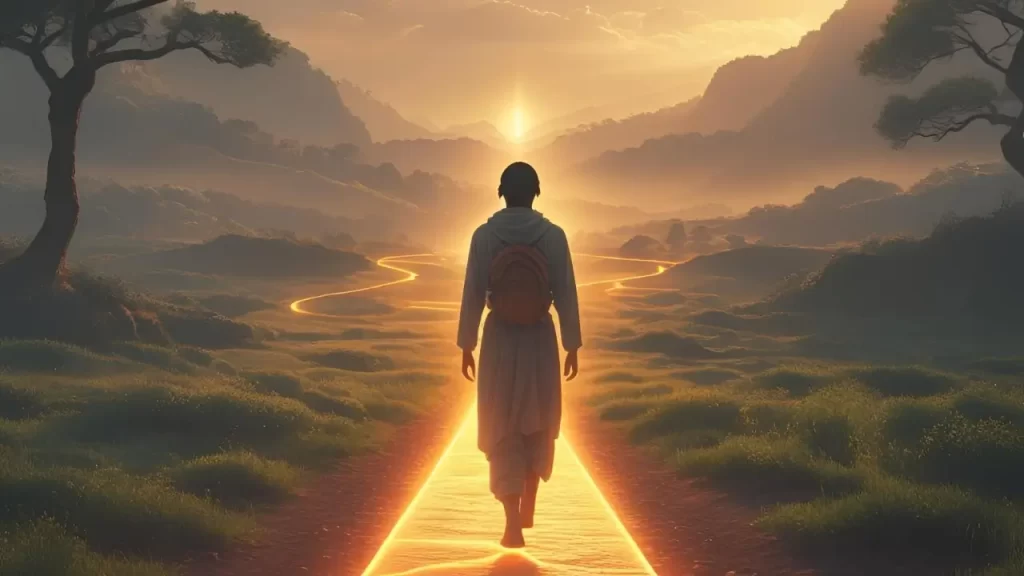 Pessoa caminhando em uma estrada iluminada, simbolizando a jornada de fé e espiritualidade.