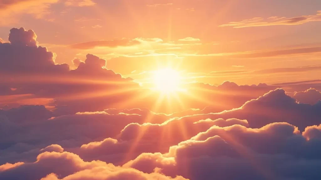 Nascer do sol com luz brilhante no céu, representando esperança e renovação na caminhada de fé.
