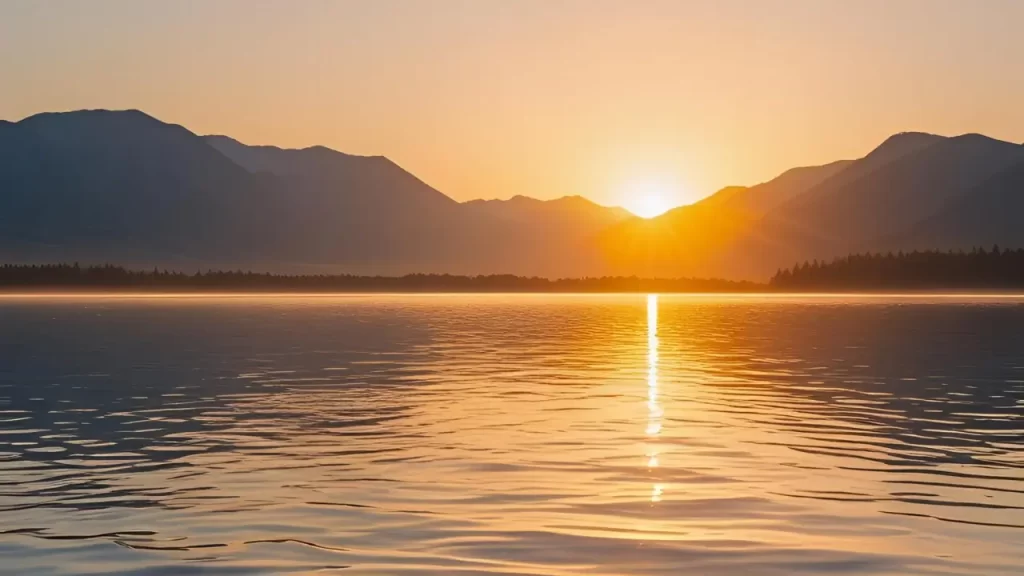 Paisagem tranquila com pôr do sol refletindo em lago calmo, simbolizando paz e acalmar o coração conforme Salmo.