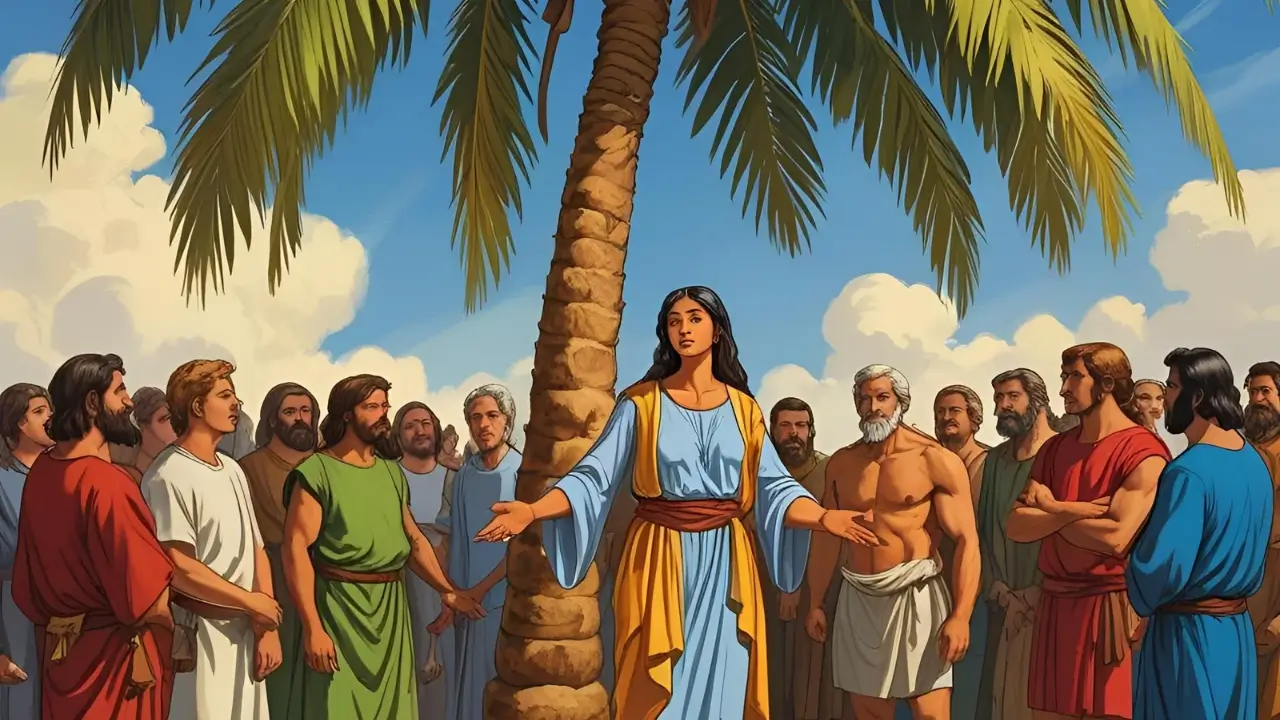 Débora na Bíblia, mulher juíza, julgando o povo sob a palmeira.