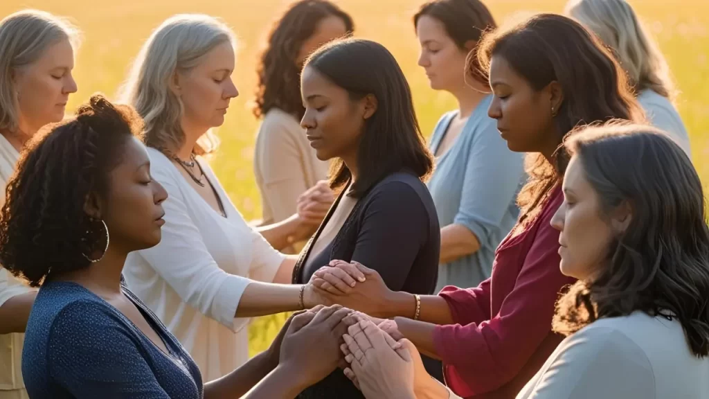 Foto de mulheres líderes cristãs modernas reunidas em oração.