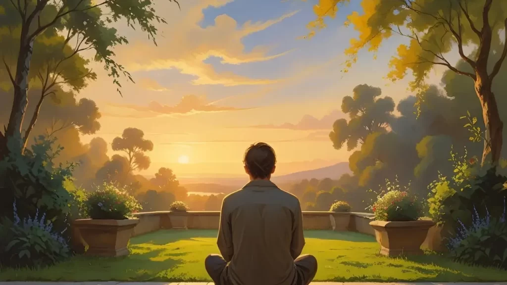 Pessoa contemplativa orando ao pôr do sol, transmitindo sentimento de cansaço e busca espiritual.