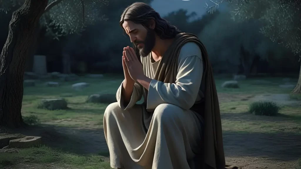Jesus orando no jardim do Getsêmani, mostrando sua angústia e entrega a Deus.