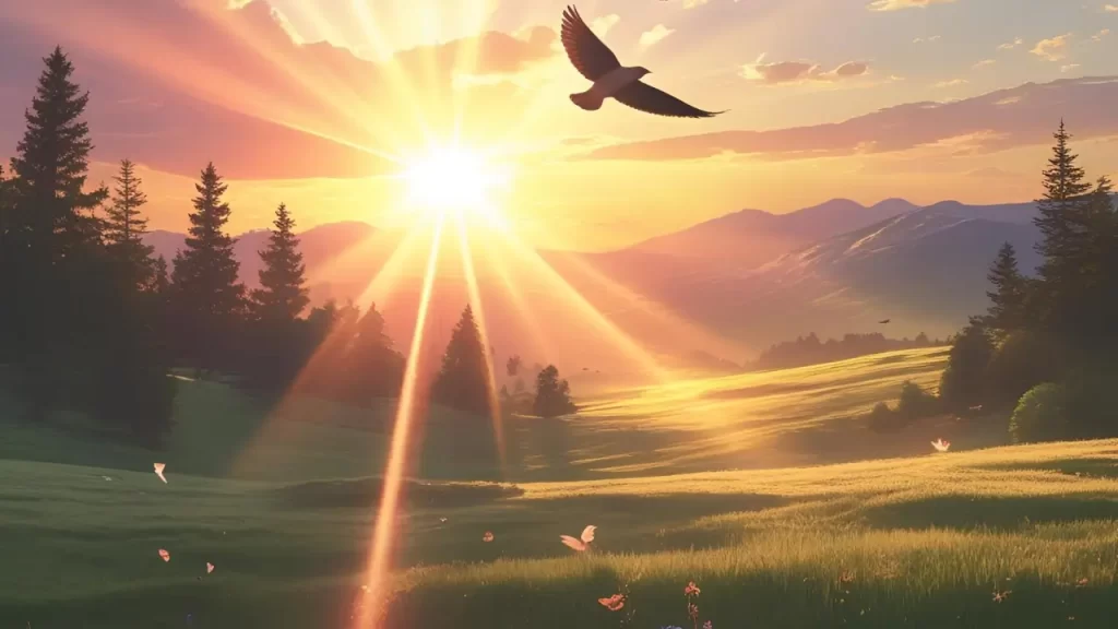 Paisagem ao amanhecer com raios de sol, transmitindo esperança e fé, inspirada no Devocional de Hoje.