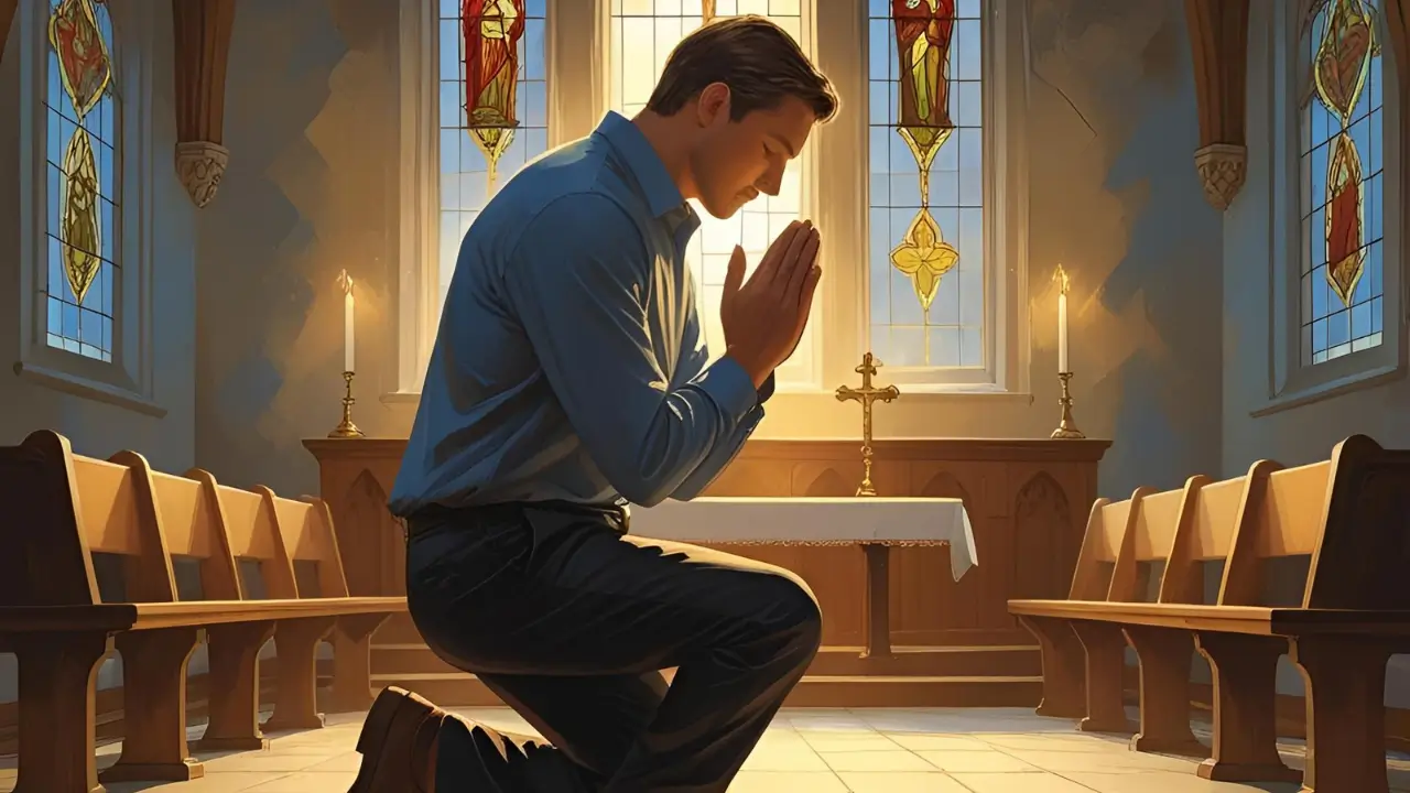 Homem orando ao amanhecer, iniciando o dia com propósito para vida cristã.