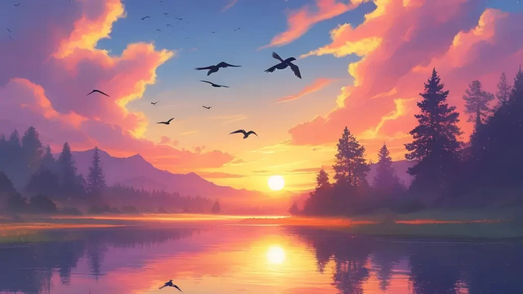 Paisagem calma com o sol nascendo, convidando à meditação e reflexão espiritual.