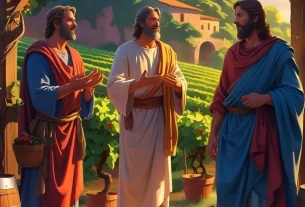 Ilustração da Parábola dos Dois Filhos: Obediência Verdadeira, mostrando o pai chamando os dois filhos para trabalhar na vinha.