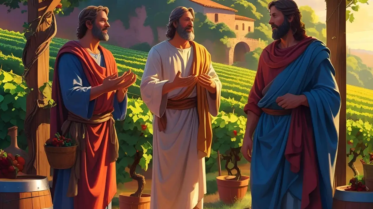 Ilustração da Parábola dos Dois Filhos: Obediência Verdadeira, mostrando o pai chamando os dois filhos para trabalhar na vinha.