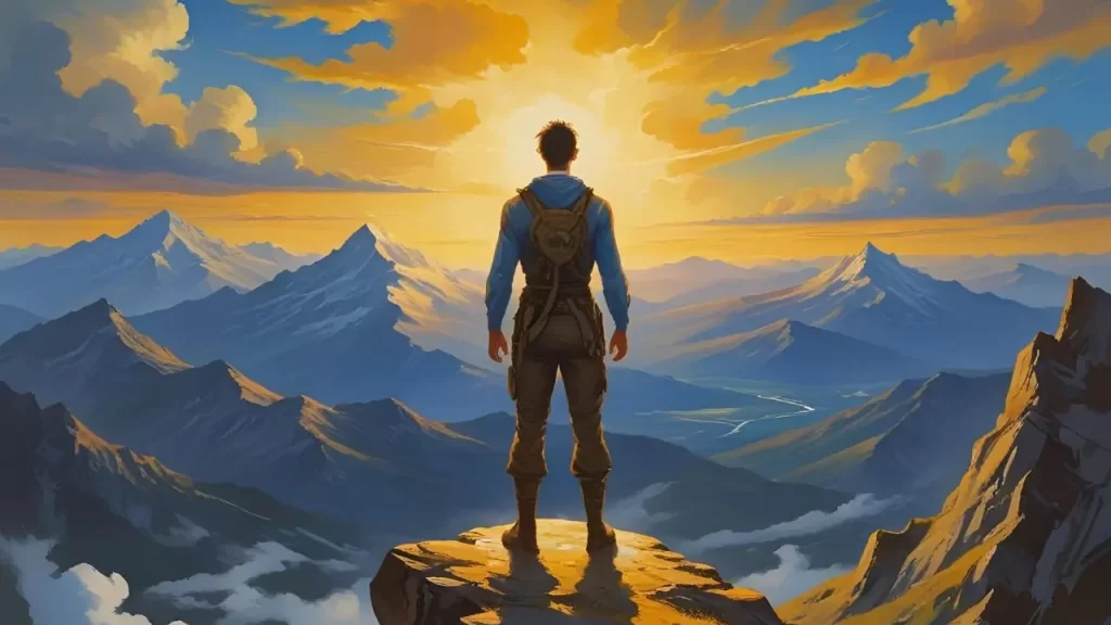 Pessoa firme no topo de uma montanha, simbolizando força e esperança em tempos difíceis.