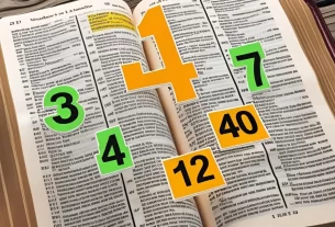 Bíblia aberta com números 3, 4, 7, 12, 40 destacados, simbolizando o estudo dos números na Bíblia e seu significado espiritual.