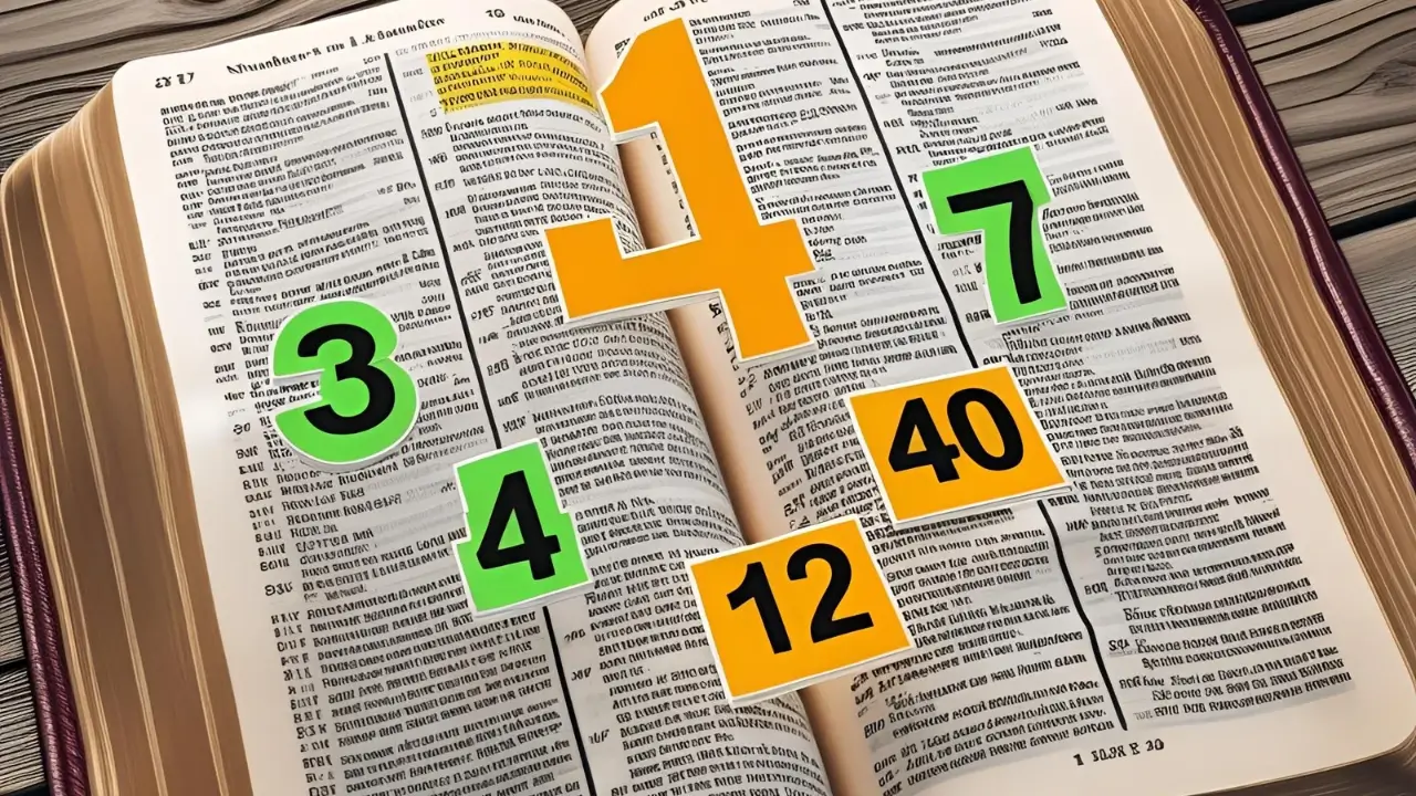 Bíblia aberta com números 3, 4, 7, 12, 40 destacados, simbolizando o estudo dos números na Bíblia e seu significado espiritual.