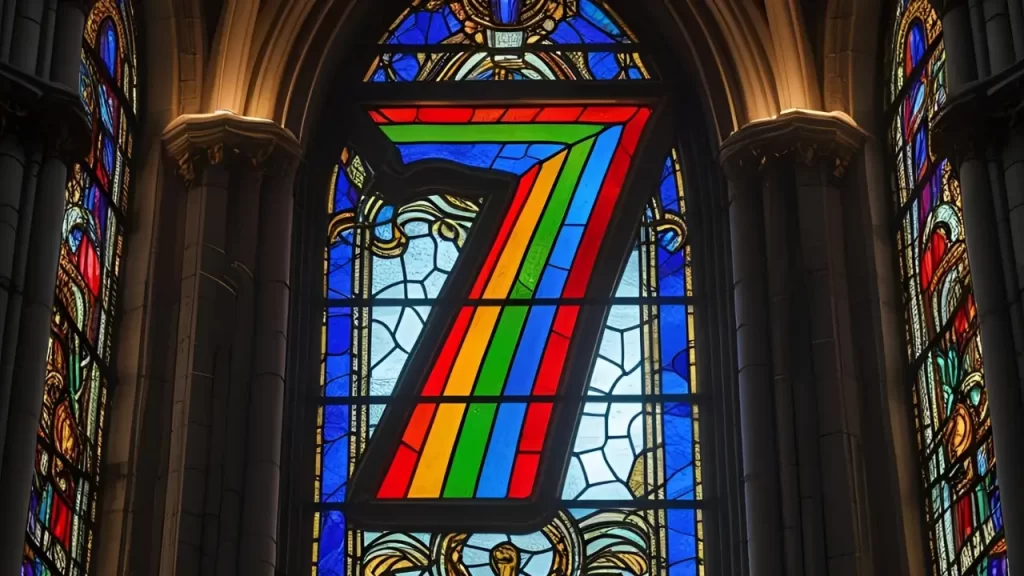 Número 7 com arco-íris , representando a perfeição e o simbolismo bíblico.