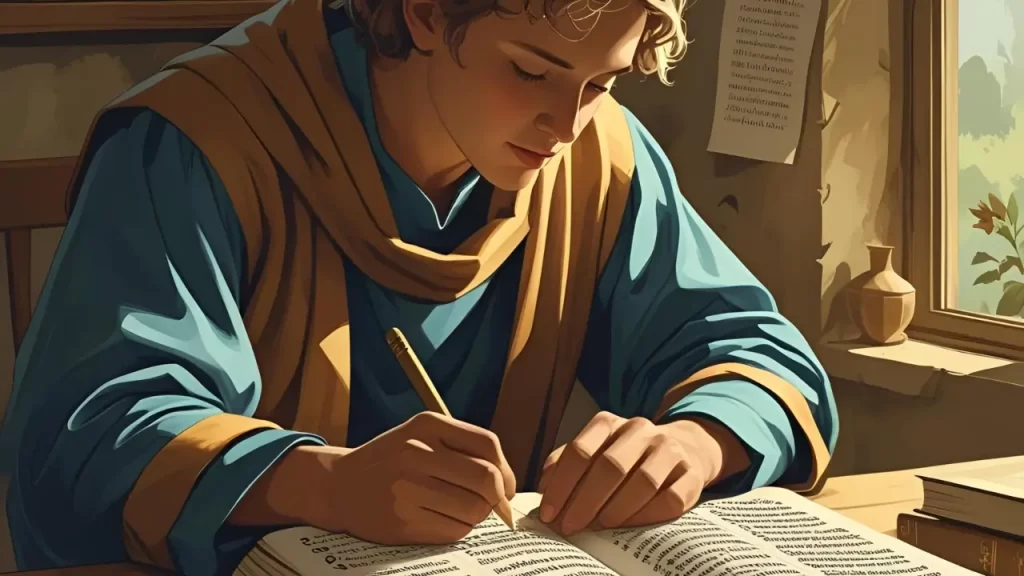 Pessoa estudando a Bíblia com anotações de números, entendendo o simbolismo bíblico na vida cotidiana.