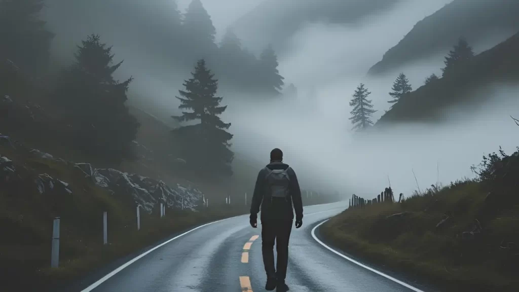 Uma pessoa caminhando em meio à neblina ou estrada, simbolizando fé mesmo sem enxergar o caminho. 