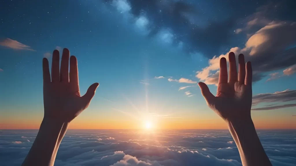 Luz brilhando no horizonte ou mãos levantadas ao céu. Continuar crendo, mesmo sem ver, confiança plena em Deus.