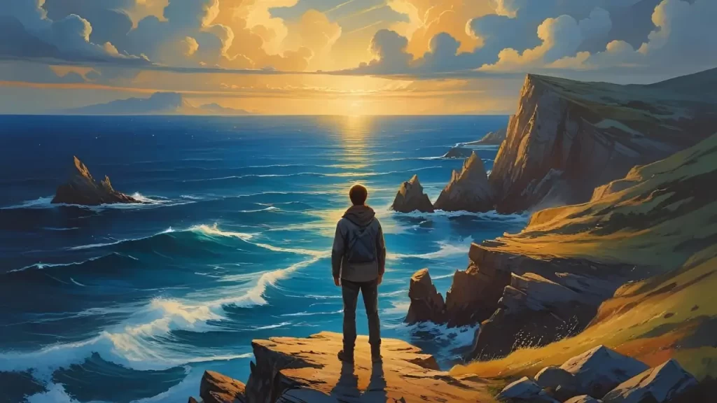 Imagem de uma pessoa olhando para o horizonte, simbolizando fé e coragem.