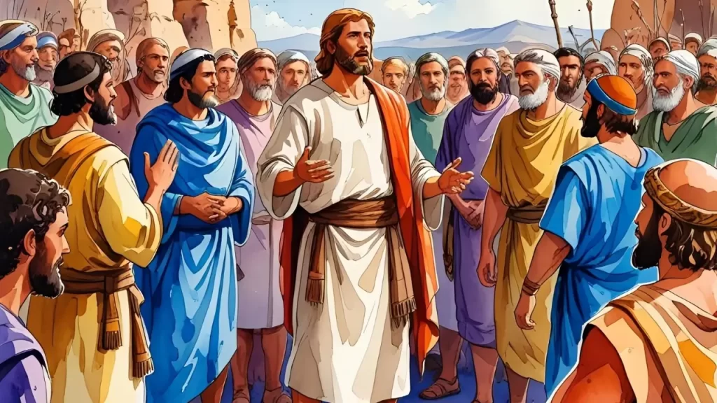 Ilustração de Josué diante do povo de Israel. 