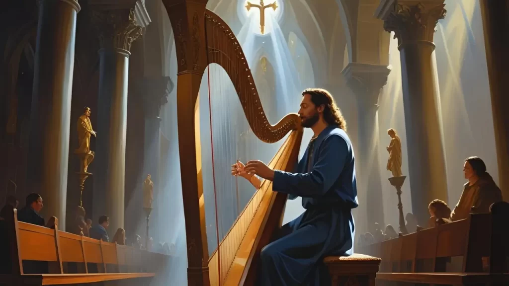 Davi, o rei segundo o coração de Deus, tocando harpa e vencendo Golias, lição de coragem e fé na Bíblia.