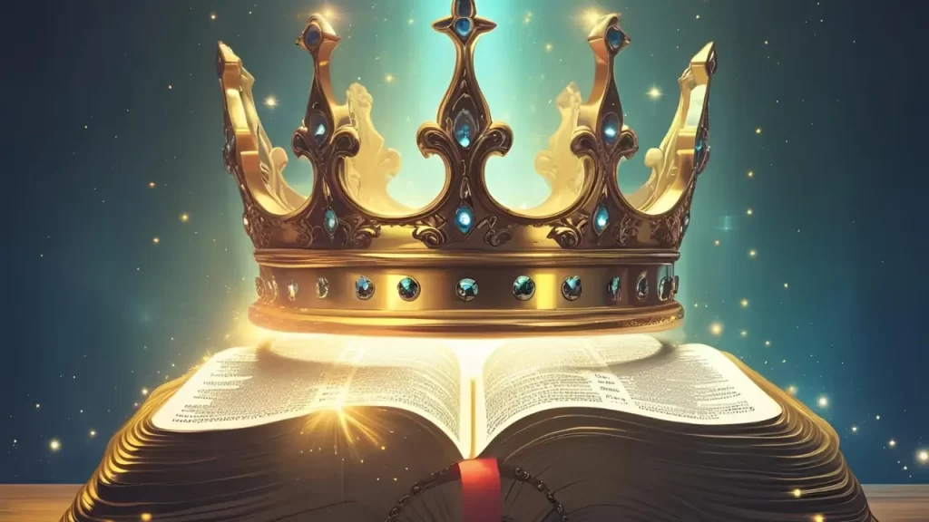 Coroa sobre a Bíblia simbolizando liderança e sabedoria divina, lições dos reis mais poderosos da Bíblia para a vida cristã.
