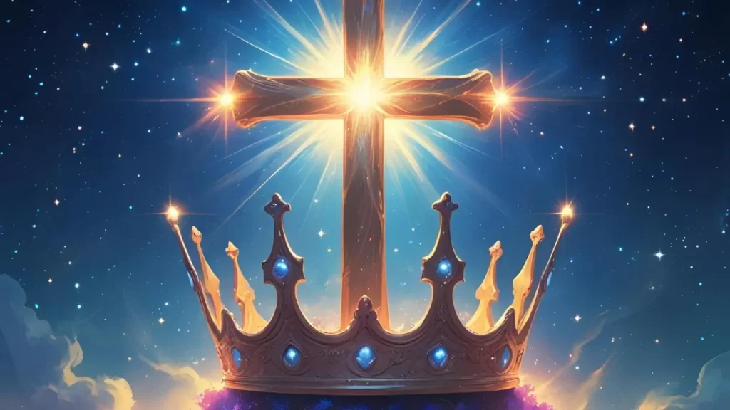 Coroa iluminada por luz celestial e cruz, simbolizando vitória espiritual e liderança segundo os princípios bíblicos.