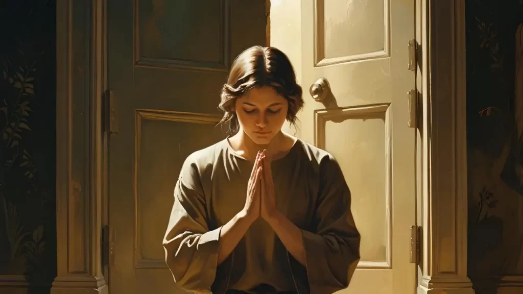Pessoa orando ou meditando diante de uma porta fechada.