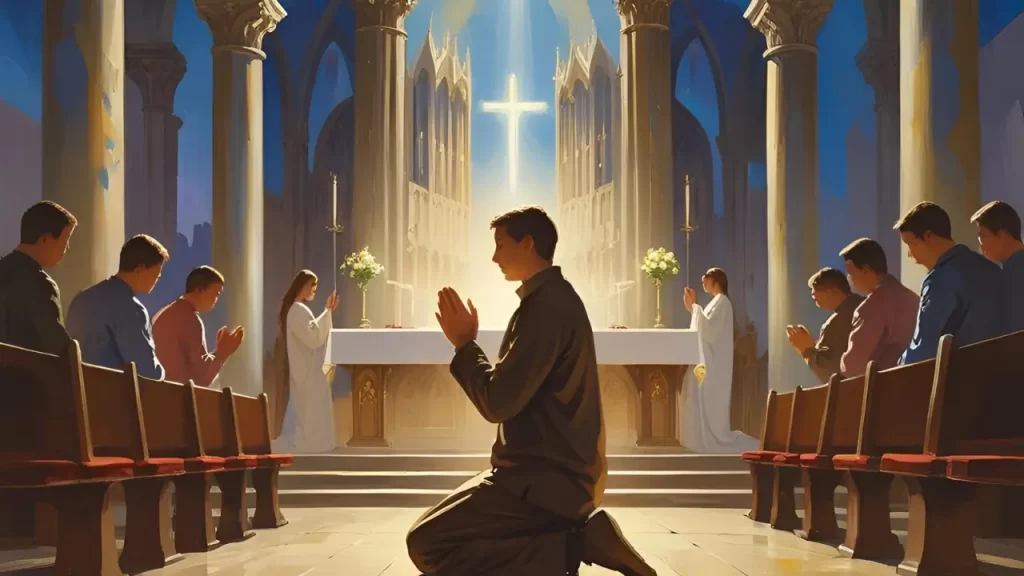 Pessoa orando ou com expressão de gratidão.