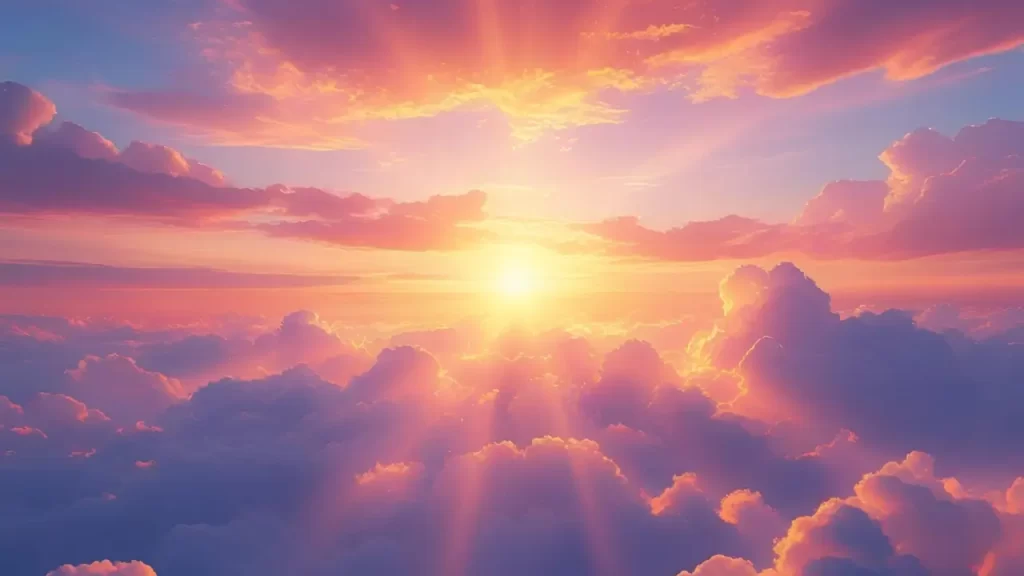 Um nascer do sol ou luz atravessando nuvens, simbolizando esperança e transformação.