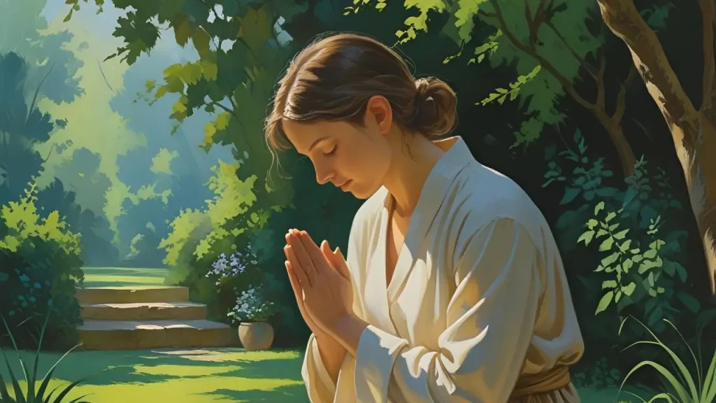 Uma pessoa em momento de reflexão ou oração, transmitindo calma e paz.