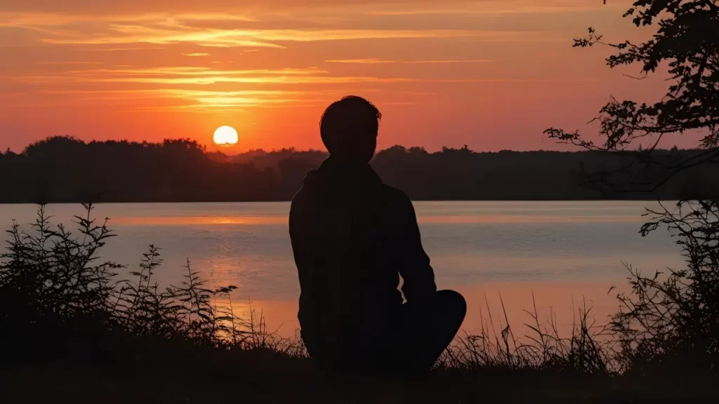 Silhueta contemplando um pôr do sol ou natureza tranquila.